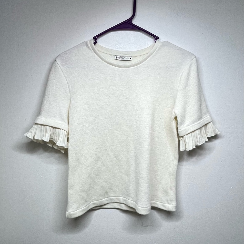 Zara White Ruffled Fitted Short Sleeve Tee